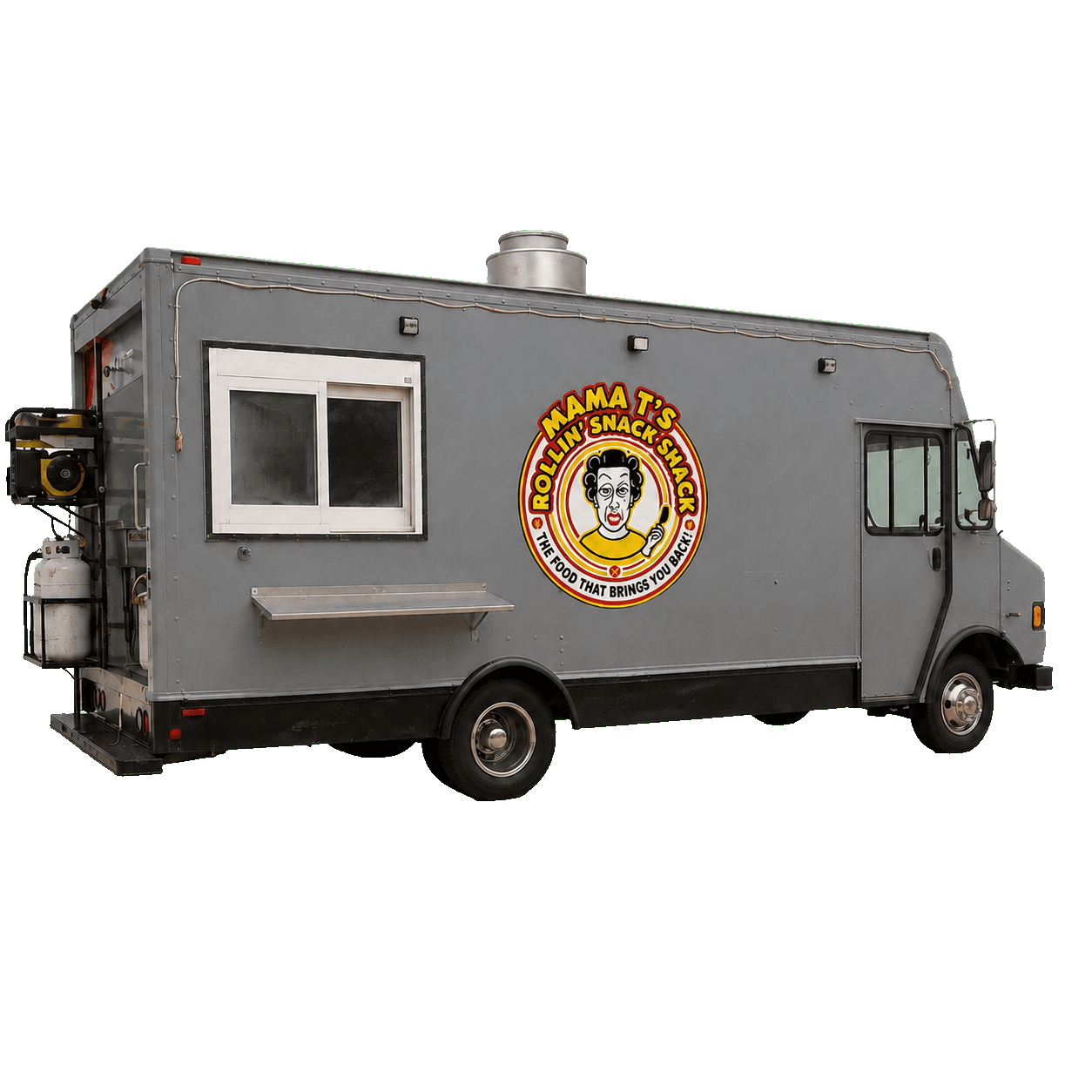 Mama T's silver food truck with its serving window and circular Rollin' Snack Shack logo