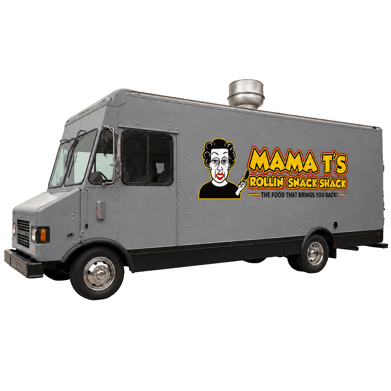 Mama T's silver food truck with the large yellow and red Rollin' Snack Shack wordmark and Mama T portrait on its side